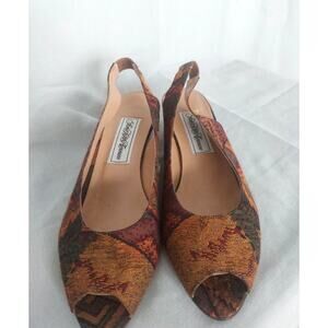 Saks 5th Avenue VTG Canvas & Leather Kitten Heel Slingback Women Sz 9 Brown Rust